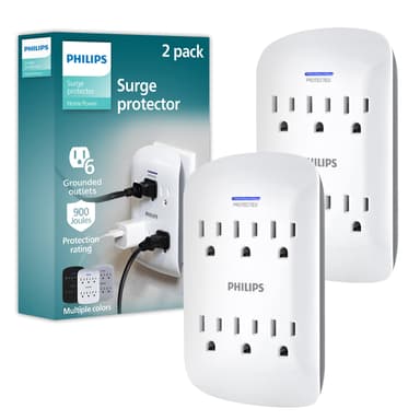 Amazon: Philips, Multicontacto de Pared de 6 Salidas con Supresor de Picos, 900 Julios.Certificacion ETL, Blanco, Paquete de 2, SPP3466WA/37 - Amazon