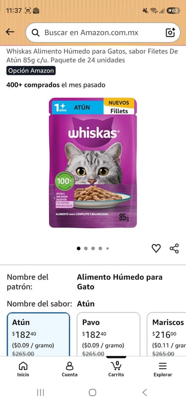 Amazon: Whiskas Alimento Húmedo para Gatos, sabor Filetes De Atún 85g c/u. Paquete de 24 unidades - Amazon