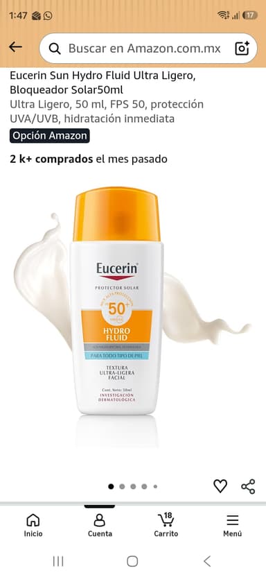 Amazon Eucerin Sun Hydro Fluid Ultra Ligero, Bloqueador Solar 50ml | Planea y Ahorra - Amazon