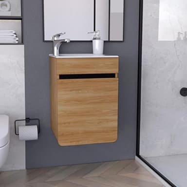 Home Depot: corona mueble para baño de piso aluvia 16" fresno aglomerado con lavabo - Home Depot