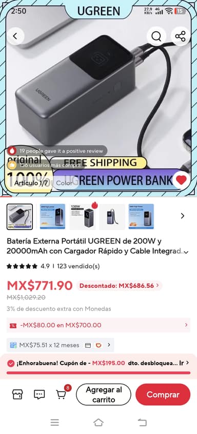 AliExpress: Batería Externa Portátil UGREEN de 200Wy 20000mAh - AliExpress