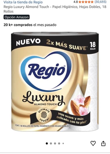 Amazon: Regio Luxury Almond Touch - Papel Higiénico, Hojas Dobles, 18 Rollos | Planea y ahorra $102 comprando 5 - Amazon