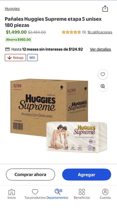 Walmart: Descuento en pañales varias marcas | Pañales Huggies Supreme etapa 5 unisex 180 piezas - Walmart