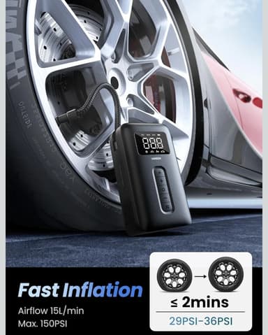 Amazon: UGREEN Compresor de Aire Portátil para Auto Inflador de Llantas 150PSI | con Batería 2600mAh*2, Pantalla con LED, para Coche - Amazon