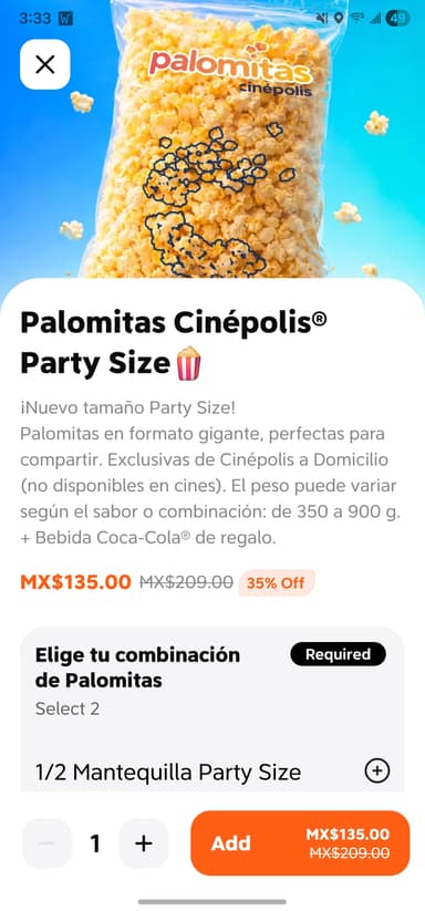 DiDi Food: Palomitas Cinépolis combo party - DiDi Food