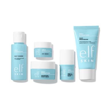 AMAZON: e.l.f. SKIN Holy Hydration! Kit de hidratación Jet Set, limpiador facial, bálsamo, hidratante, crema para ojos y crema de noche - Amazon