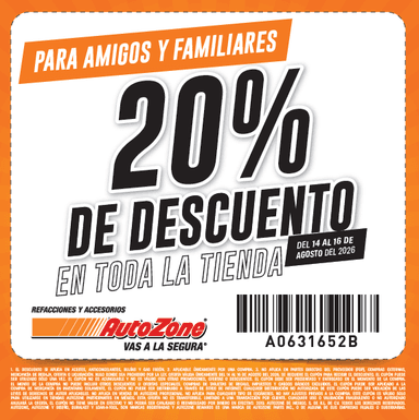 AutoZone: Cupon de 20% de descuento para familiares y amigos (14 al 16 de agosto de 2026 ) - AutoZone