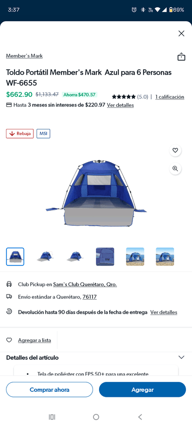 Sam's Club: Toldo portátil Member's mark azul - Sam's Club