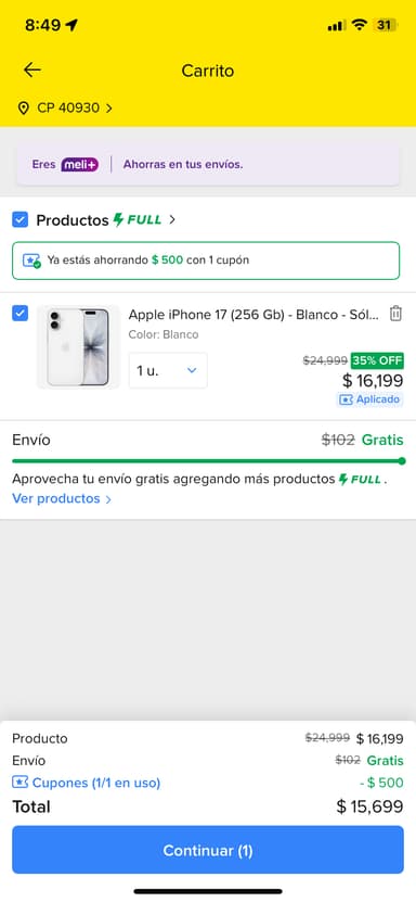 Mercado Libre: Apple iPhone 17 (256 GB) - Blanco - Sólo eSIM con meli+ y bbva - Mercado Libre