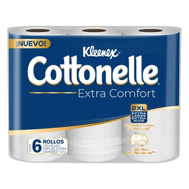 Amazon: Kleenex Cottonelle, Extra Comfort, Papel Higiénico, Paquete de 6 rollos con 150 hojas triples 2XL, hoja extra larga y ancha - Amazon