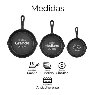 AMAZON: Raganet, Juego de 3 Sartenes de Hierro Fundido con Mangas Largas, Antiadherentes, 3 Tamaños Perfectos de Sarten 15cm, 20cm y 25cm - Amazon