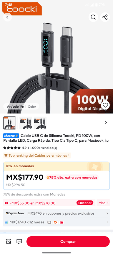 AliExpress: Cable usb C Toockie con pantalla led 100w (con monedas) - AliExpress