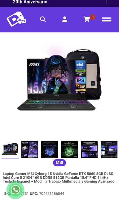 Grupo DECME: Laptop Gamer MSI Cyborg 15 Nvidia GeForce RTX 5060 8GB DLSS Intel Core 5 210H 16GB DDR5 512GB + Mochila - Grupo Decme
