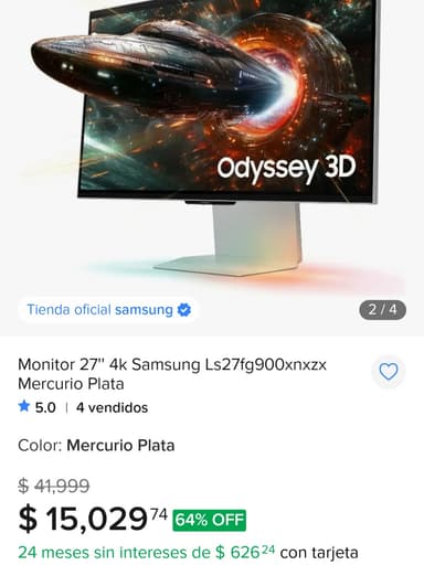 Mercado Libre: Monitor Gamer 27 pulgadas Odyssey 3D, G90XF, 4K, 165Hz | con Santander y Amex - Mercado Libre