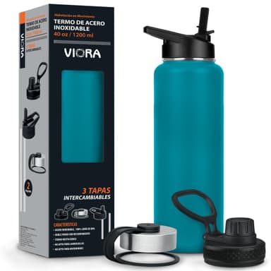 Amazon: VIORA Termo de Acero Inoxidable para Agua y Café 1200 ml (40 oz): Contiene 3 Tapas para Diferentes tipos de Bebidas - Amazon