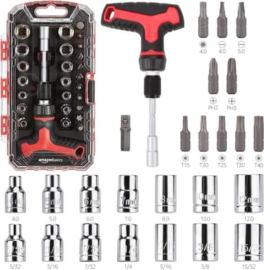 Amazon Basics Juego de Destornillador de Trinquete y Tubos de 27 Piezas, Mango en T con Portabrocas Magnético - Amazon