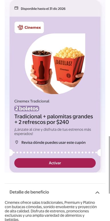 Cinemex 2 Boletos + Palomitas Grandes y 2 refrescos con bodega Aurrera beneficios - Cinemex