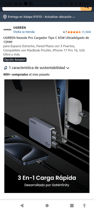 Amazon: UGREEN Nexode Pro Cargador Tipo C 65W Compatible con MacBook Pro/Air, iPhone 17 ProUltradelgado de 13MM - Amazon