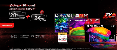 LG: TV RUSH con 20% de descuento extra en todas las TVs de 83", 85" y 86" + 5% pagando con SPEI + $800 de descuento con MP - LG