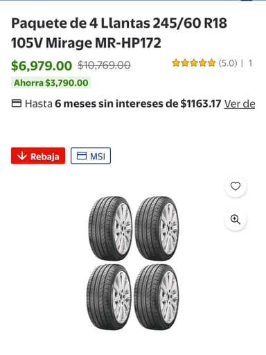 Walmart paquete de 4 llantas mirage 245/60R18 - Walmart