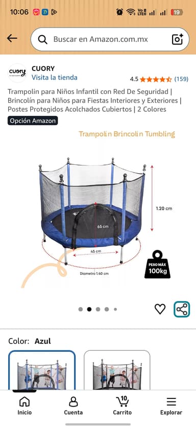 Amazon - Trampolin para Niños Infantil con Red De Seguridad azul y negro - Amazon
