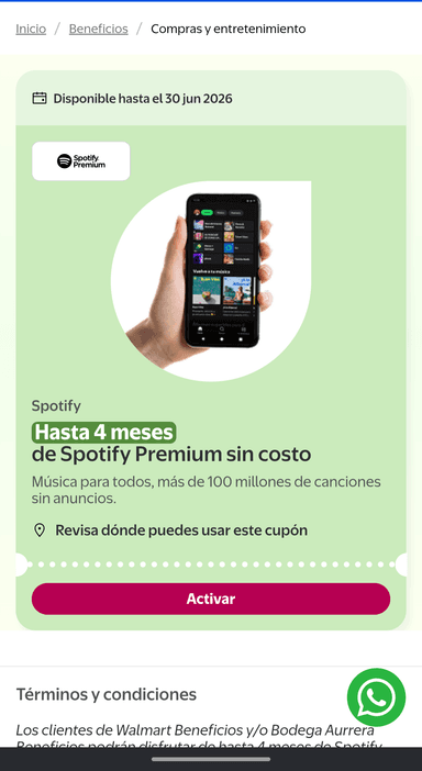 Walmart Beneficios: Hasta 4 meses de Spotify premium gratis - Spotify
