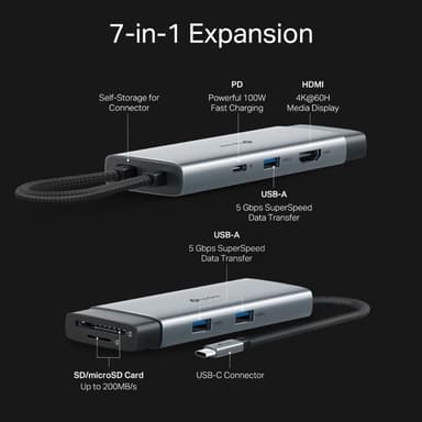 Amazon: TP-Link Hub 7 en 1 UH7021C, USB C, Hub PD100W, 4K 60Hz HDMI, 1×USB C, 2×USB A, SD y microSD hasta 200MB/s, Plug and Play - Amazon